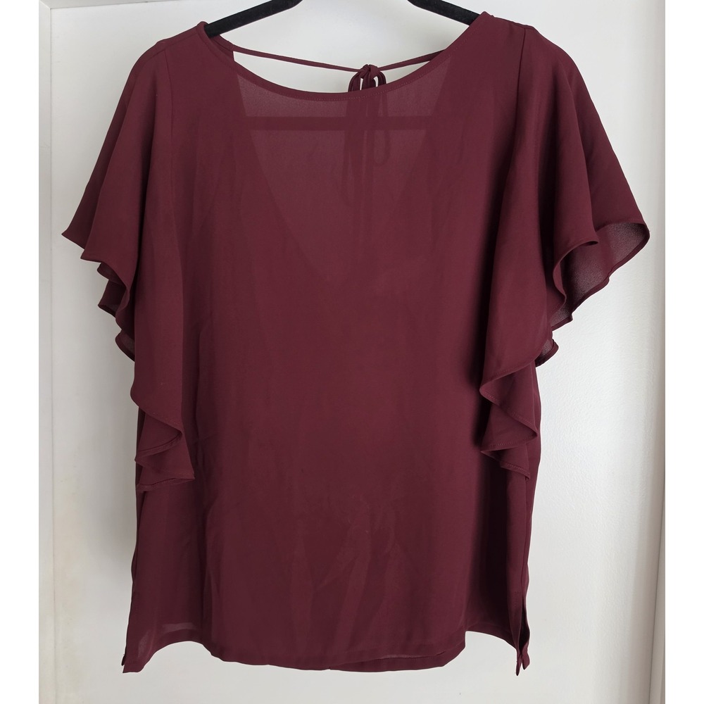 Ann Taylor Loft Blouse S Burgundy V-Neck Short Sleeve Solid Top Shirt